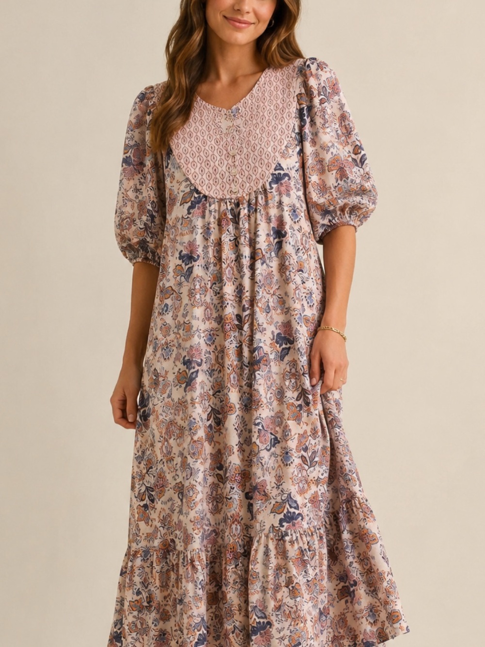 Lucky Brand Blush Floral Maxi Dress with Navy Accents